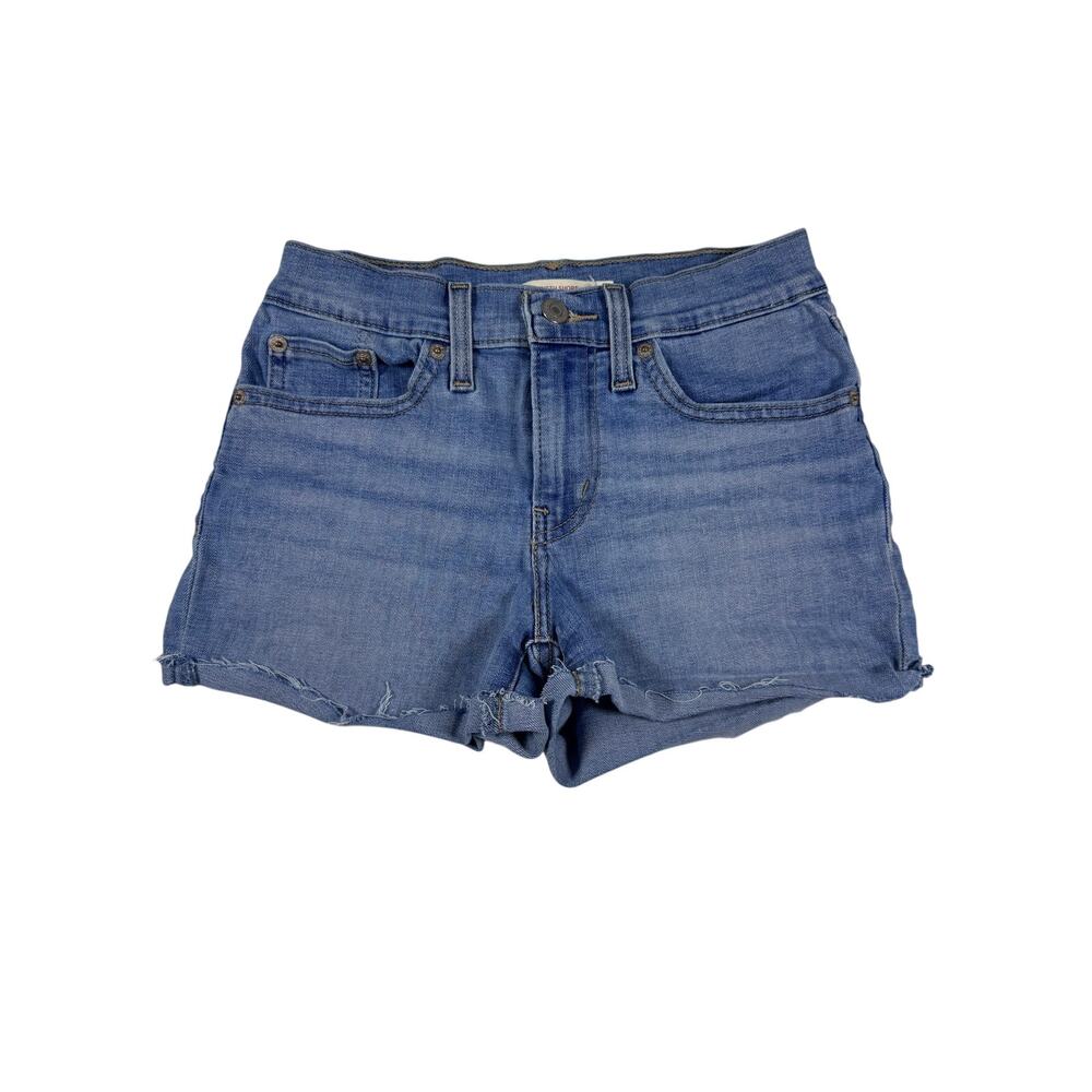 Levi’s Mid Length Denim Shorts Women’s 24 Light Wash Raw Hem High Rise Stretch